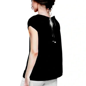 Ann Taylor LOFT Black Tassel Tie Back Short Sleeve Top Knit Blouse Women’s Small